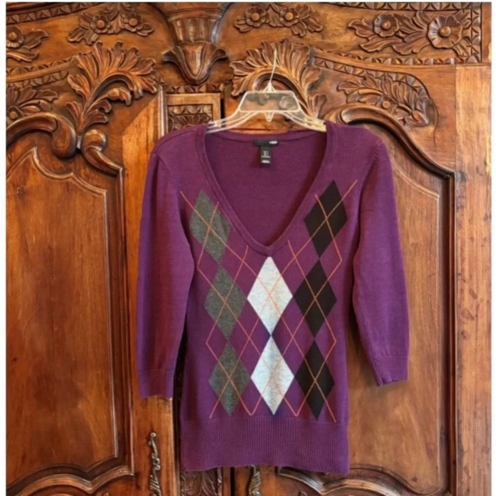 Vintage Argyle Sweater Knit 90s Y2K Pattern V-Neck Jumper Purple Gray Size Small